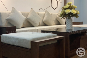 Sofa gỗ cho chung cư với kiểu dáng hình chữ L tinh tế